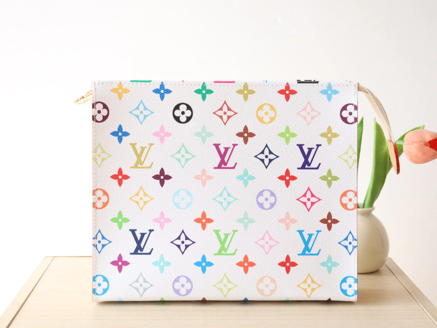 TOILETRY POUCH 25 IN WHITE MIX COLORFUL CALFSKIN
