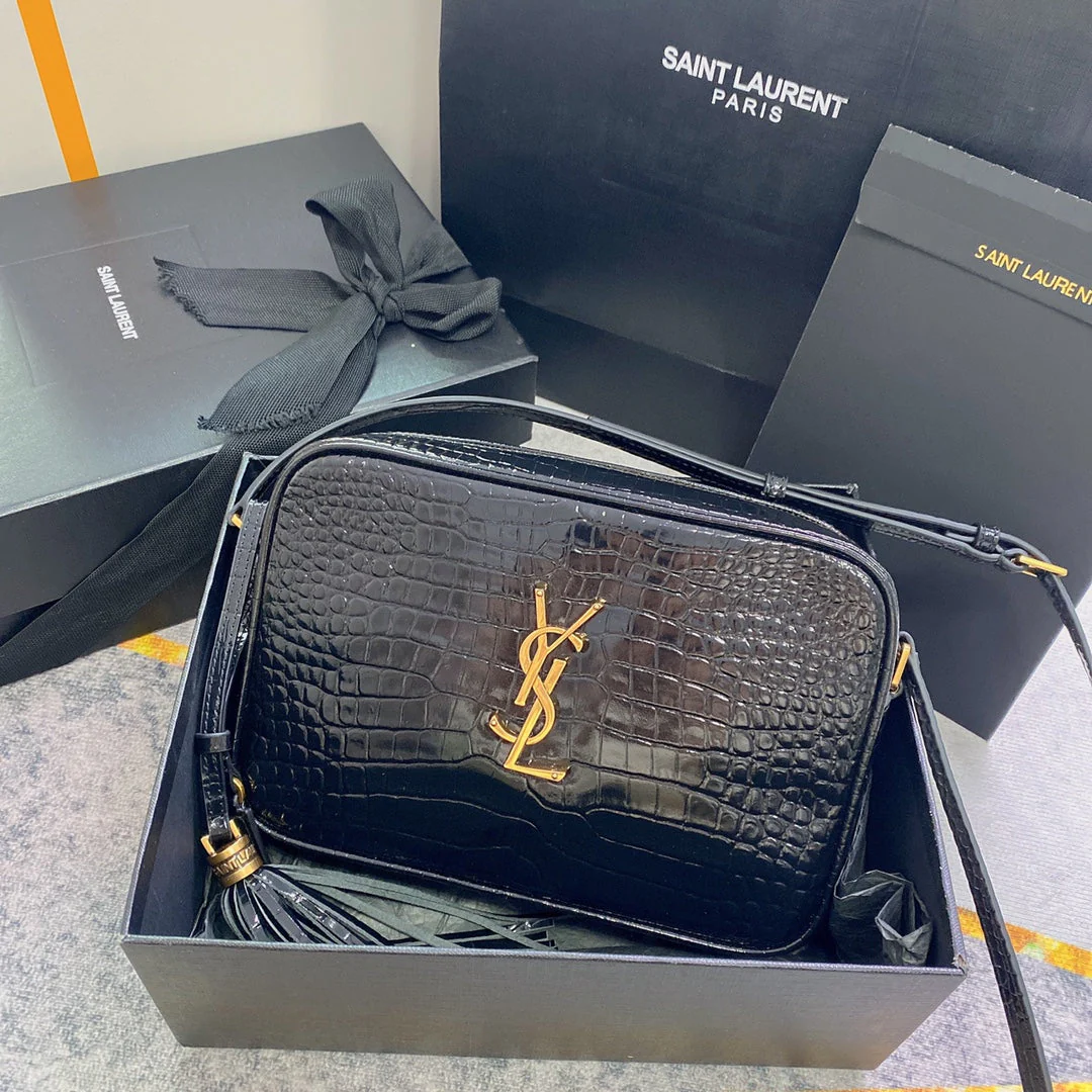 LOU CAMERA BAG 23 IN BLACK CROCODILE PATTERN CALFSKIN GOLD LOGO