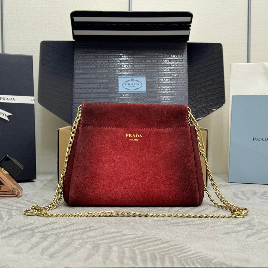 PRADA 25S ENCHAINE MINI BAG 22 IN RUBY RED SUEDE GOLD HARDWRE