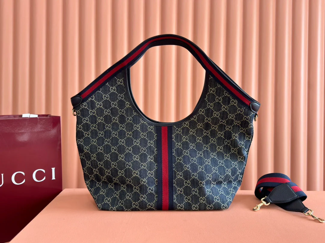 GUCCI 25S GIGLIO LARGE TOTE BAG 50 IN BLUE AND WHITE DENIM