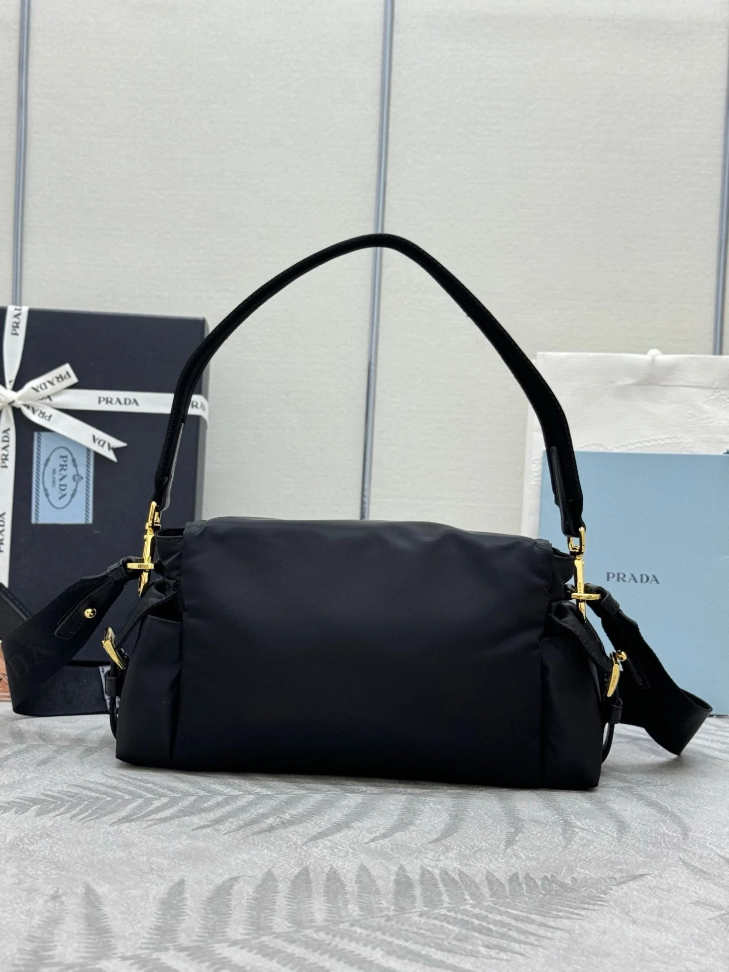 PRADA 25S EXPLORE LARGE SHOULDER BAG 30 IN BLACK RE-NYLON WITH FLAP