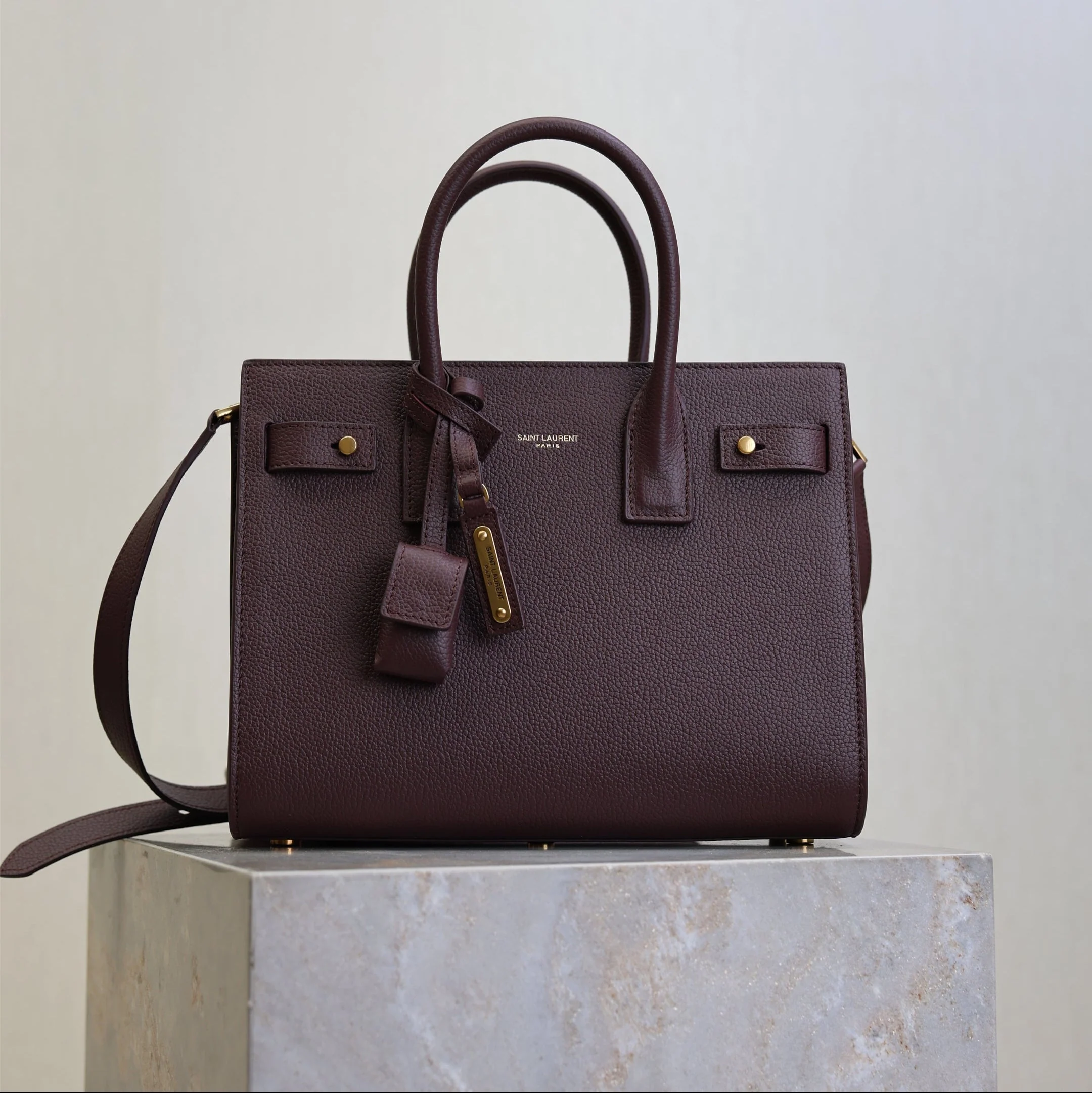 YSL 25S SAC DE JOUR MM 26 IN ROUGE CABERNET SUPPLE GRAINED CALFSKIN