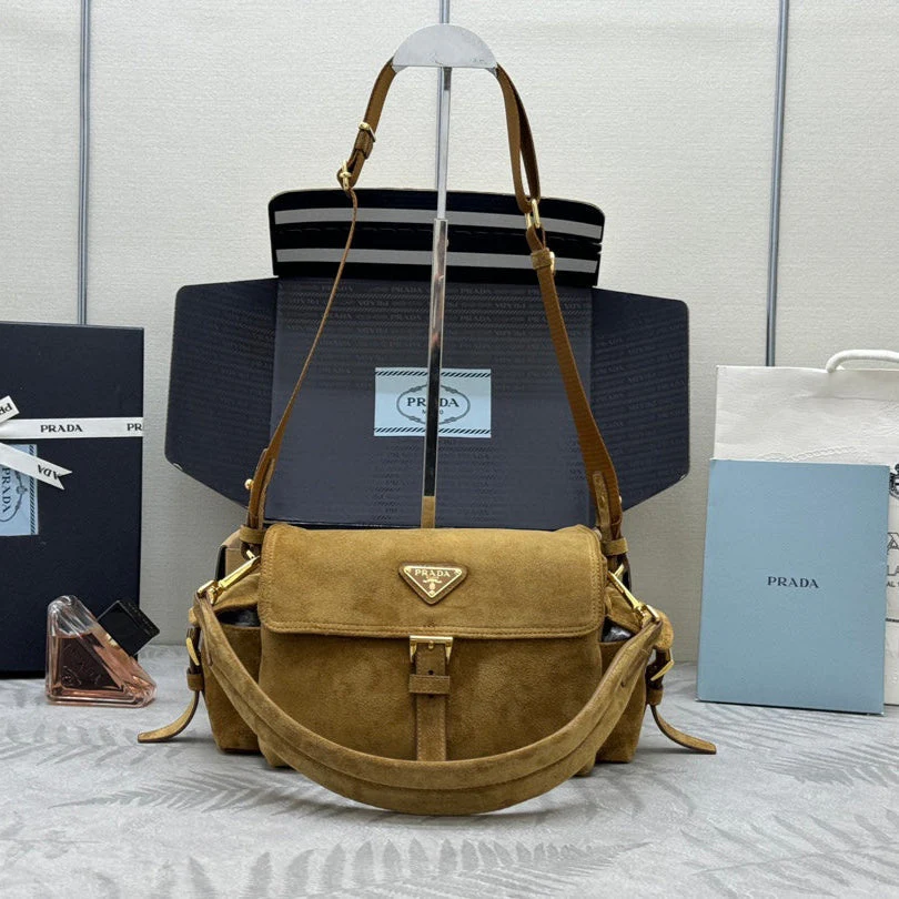 PRADA 25S EXPLORE MEDIUM SHOULDER BAG 30 IN DARK GOLDEN BROWN SUEDE WITH FLAP