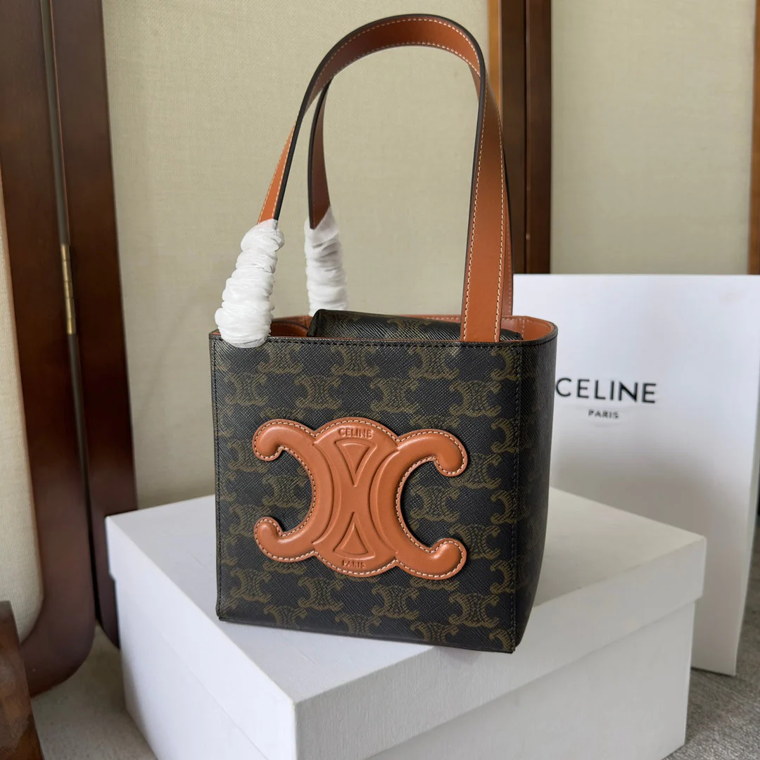 CUBE BAG 15 IN BLACK TRIOMPHE CANVAS AND BROWN CALFSKIN