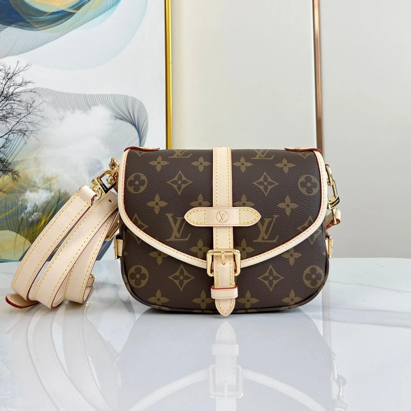SAUMUR BB 20 BROWN MONOGRAM CANVAS AND LEATHER TRIM GOLD HARDWARE
