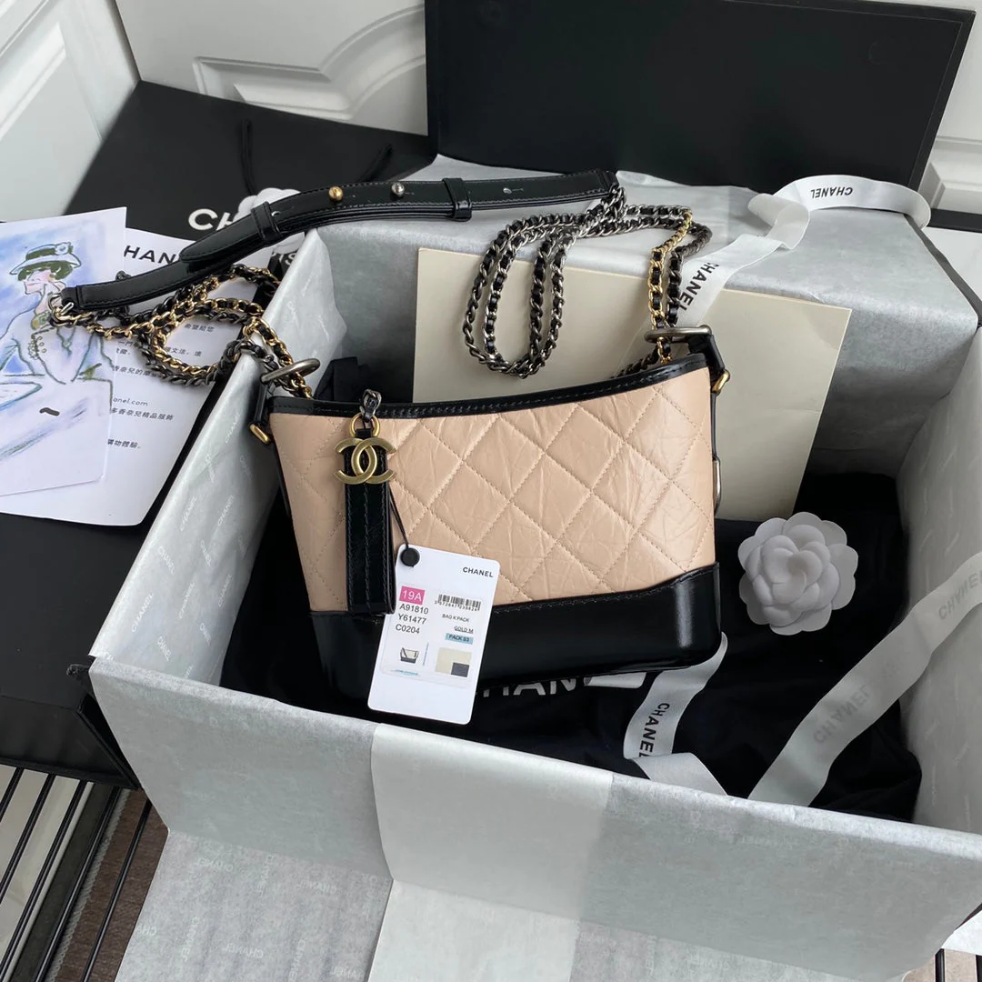 CC GABRIELLE MINI 20 HOBO BAG IN ALMOND BEIGE MIX BLACK CALFSKIN