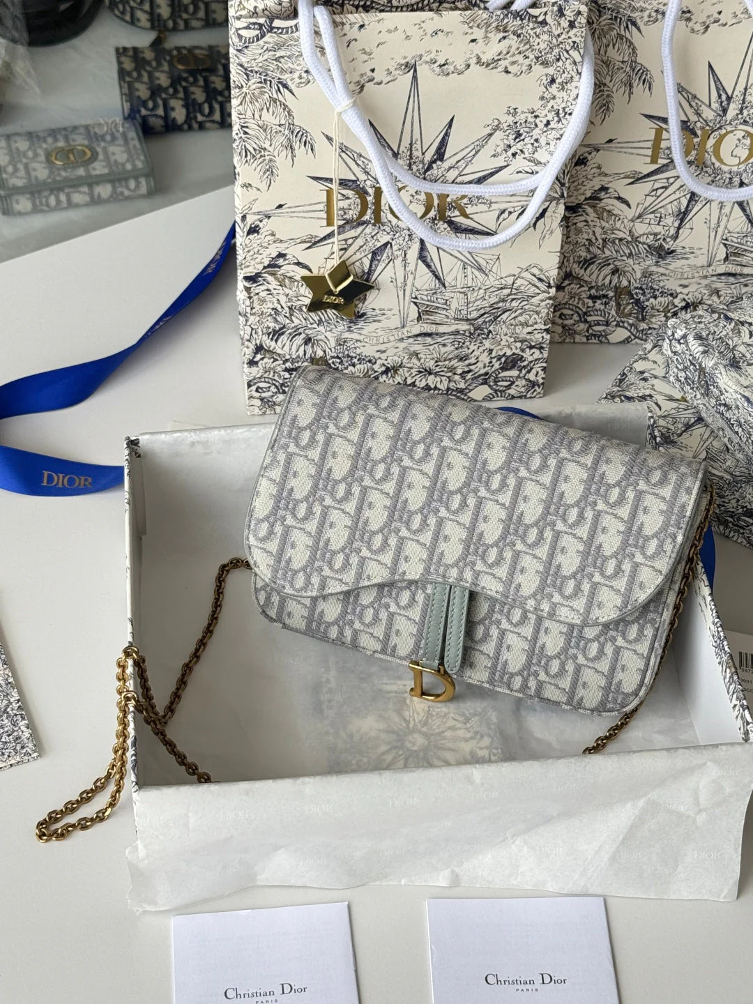 DIOR 25S MEDIUM SADDLE POUCH WITH CHAIN 21 IN GRAY DIOR OBLIQUE JACQUARD CANVAS