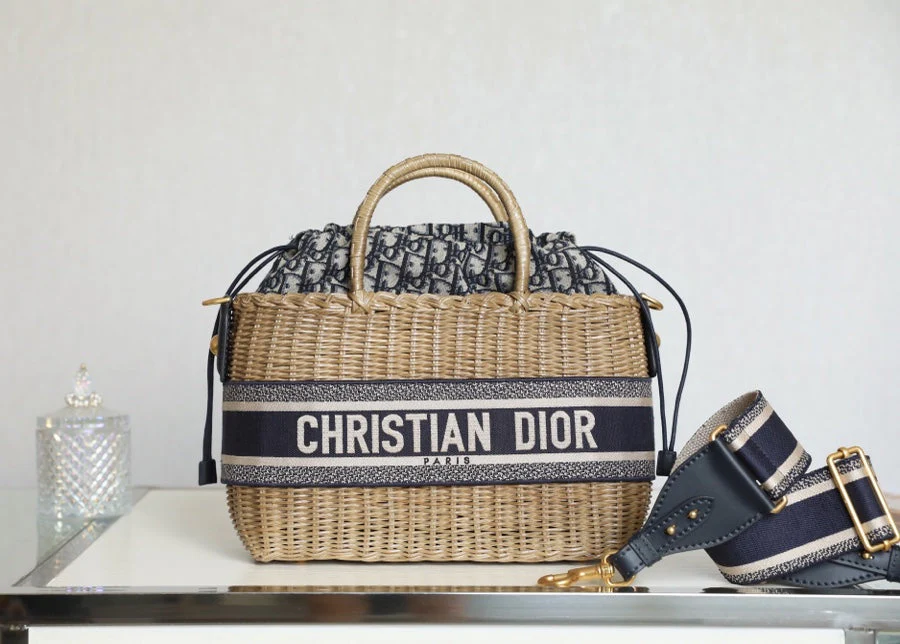 LARGE 28 BASKET BAG IN BLACK OBLIQUE JACQUARD AND BEIGE WICKER