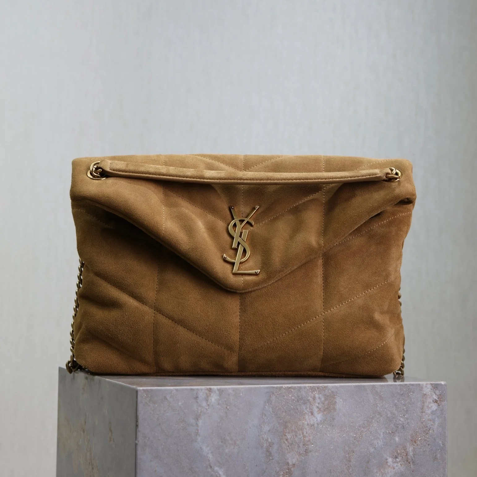 YSL 25S LOULOU PUFFER GM 35 IN TAN BROWN SUEDE GOLD HARDWRE