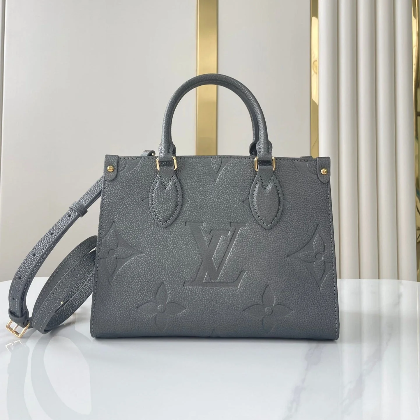 ONTHEGO PM 25 IN GUN METAL EMBOSSED CALFSKIN