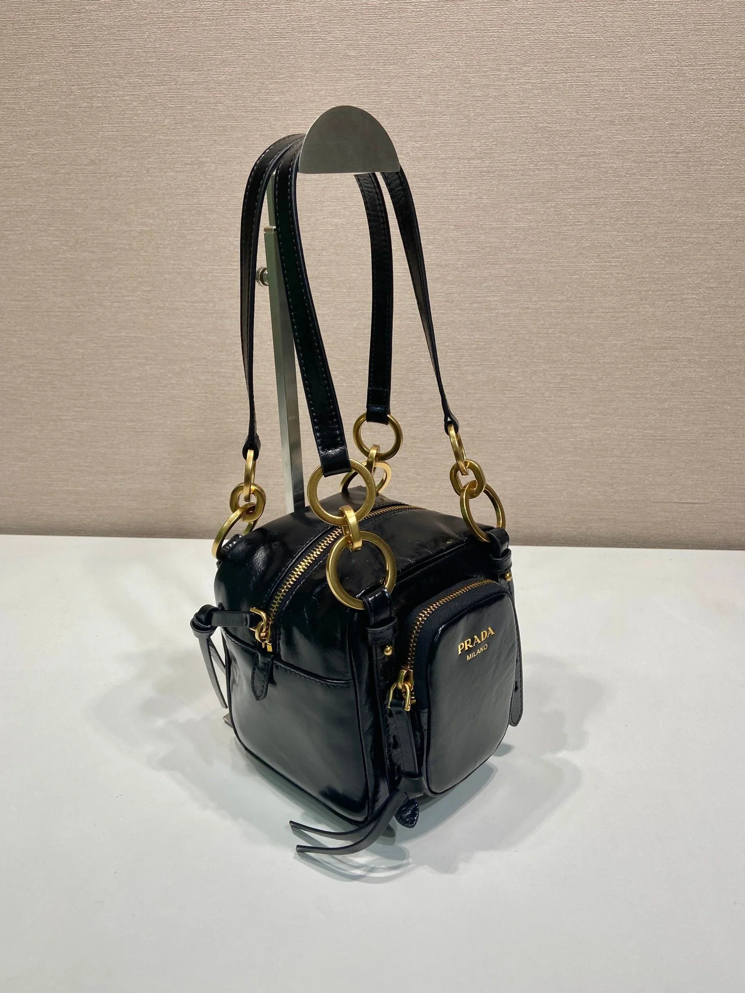 SMALL RECTANGULAR BAG 14 IN BLACK OIL WAX LAMBSKIN GOLD HARDWARE
