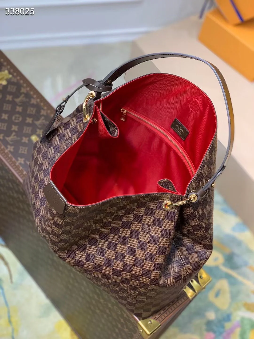 GRACEFUL MM BAG 41 IN BROWN DAMIER COATED CANVAS BROWN CALFSKIN