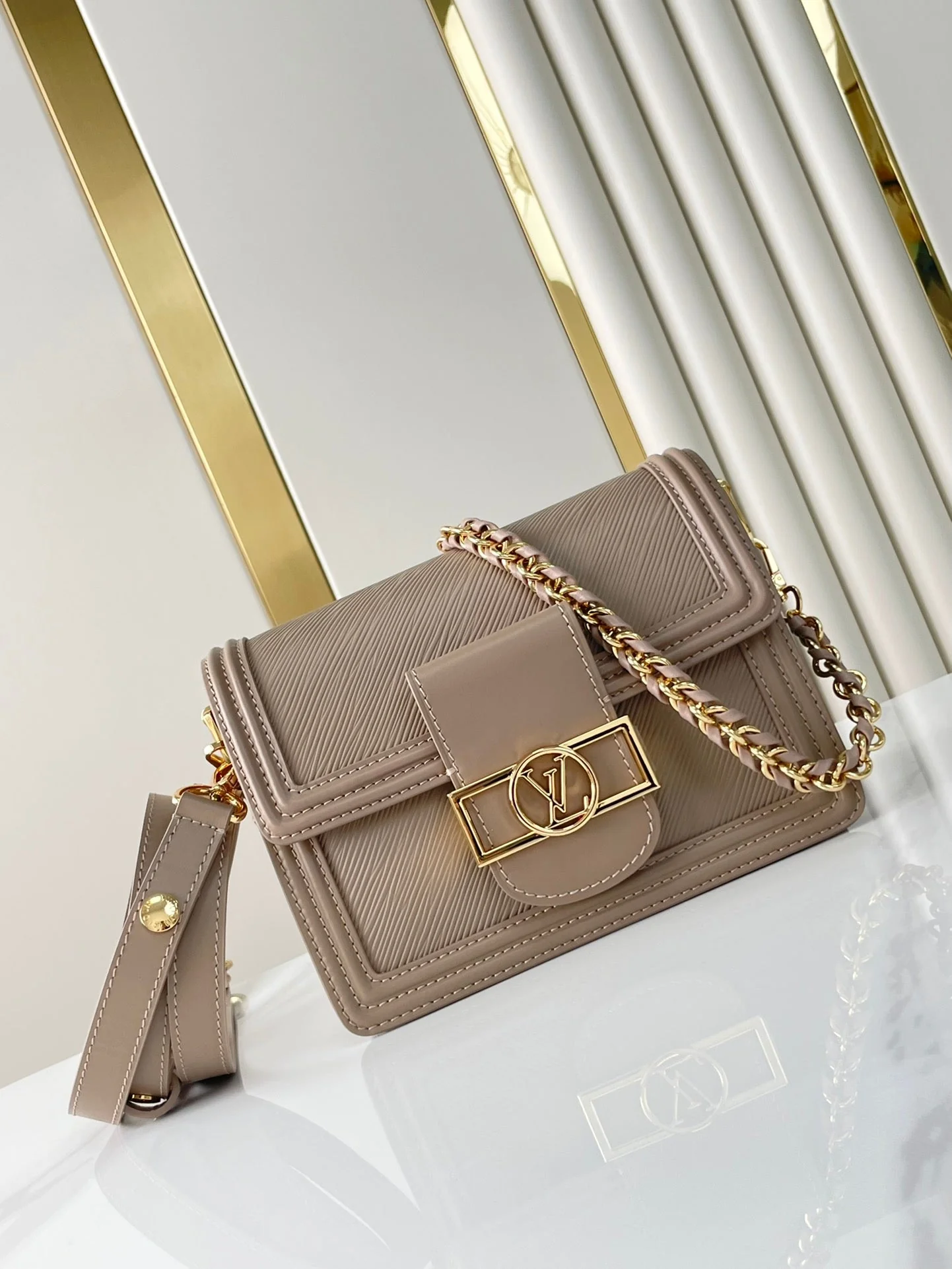 DAUPHINE MINI 20 IN MEDIUM BROWN EPI GRAINED CALFSKIN GOLD HARDWARE
