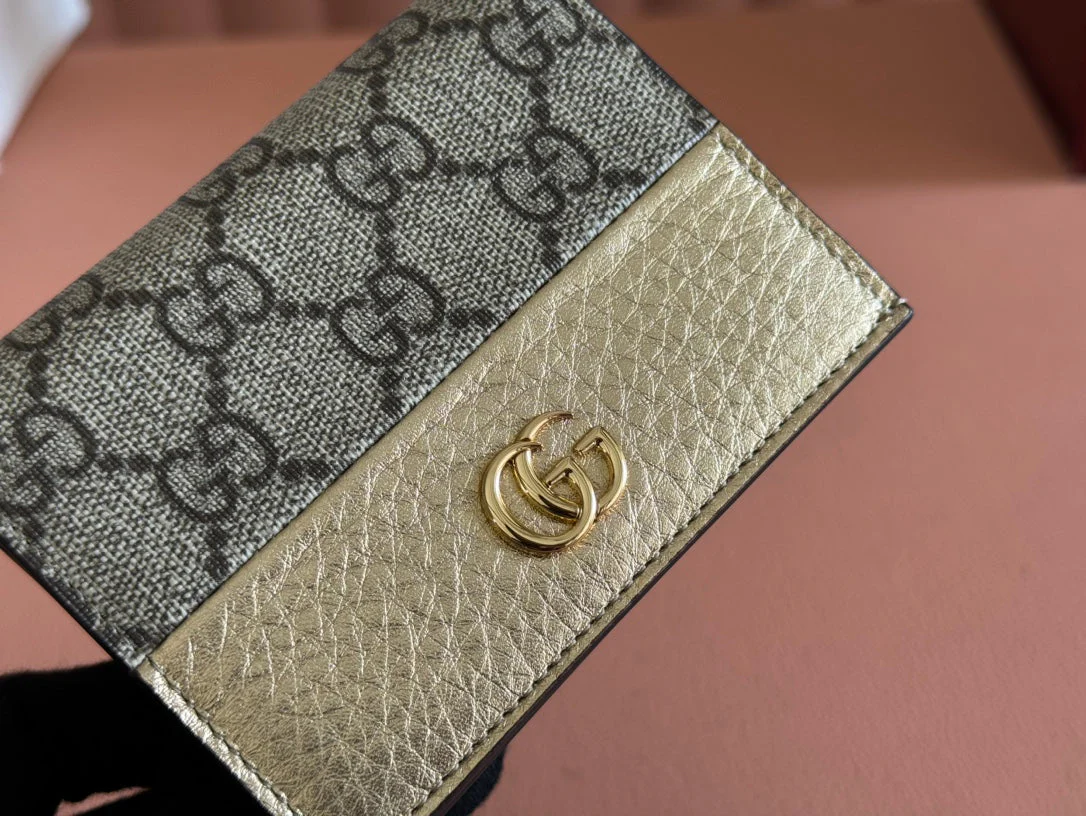 MARMONT BI-COLOUR CARD CASE WALLET 11 IN BEIGE EBONY GG CANVAS GOLD GLOSSY CALFSKIN