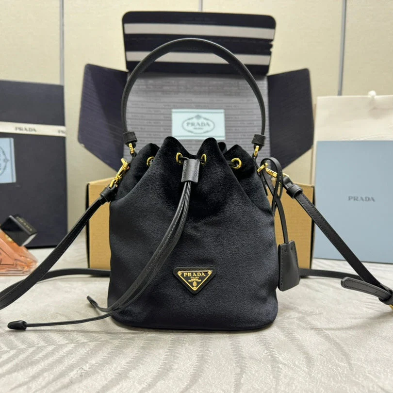 PRADA 25S BUCKET BAG 19 IN BLACK VELVET GOLD HARDWARE
