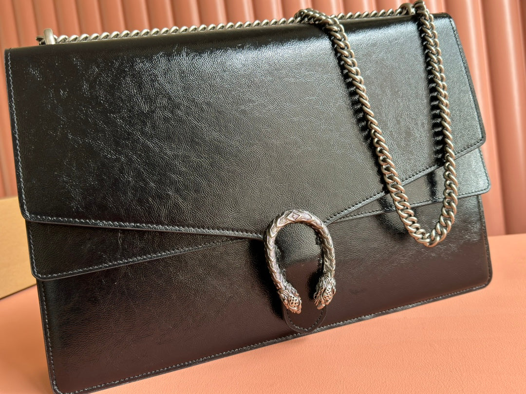 DIONYSUS LAGRE SHOULDER BAG 42 IN BLACK GG GLOSSY LAMBSKIN