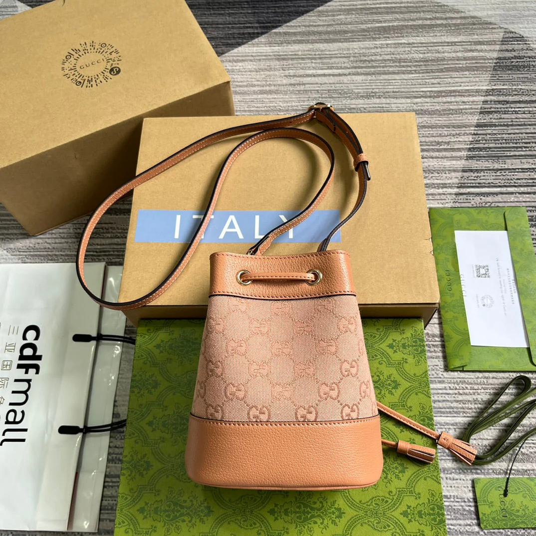 GG OPHIDIA MINI 19 BUCKET LIGHT PINK CANVAS AND CALFSKIN