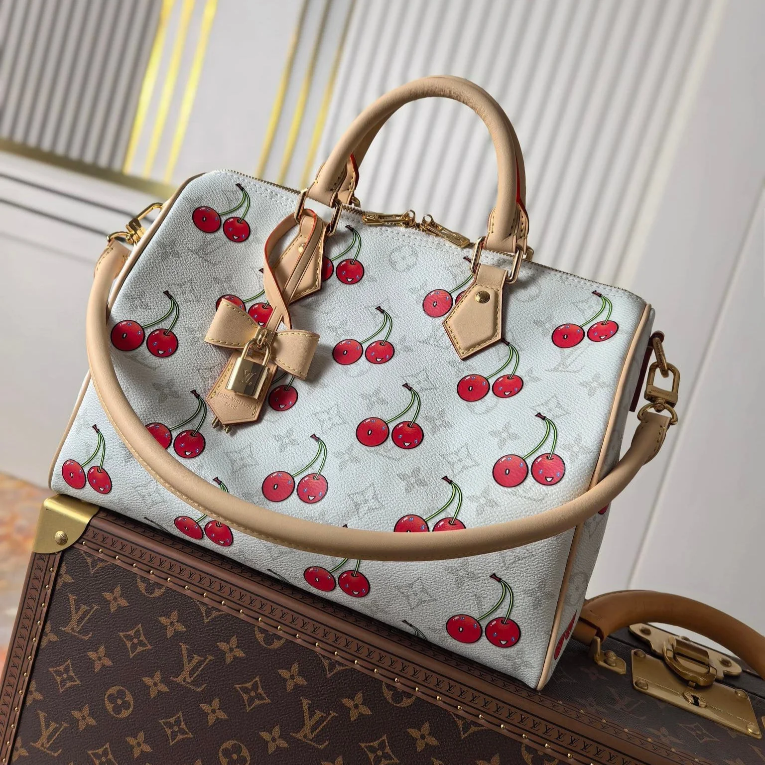 LV 25S SPEEDY SOFT 30 IN WHITE CANVAS MONOGRAM CHERRY PRINT GOLD HARDWARE