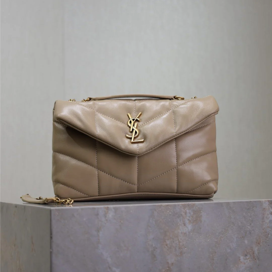 YSL 25S LOULOU PUFFER MINI 23 IN BROWN CALFSKIN GOLD HARDWRE