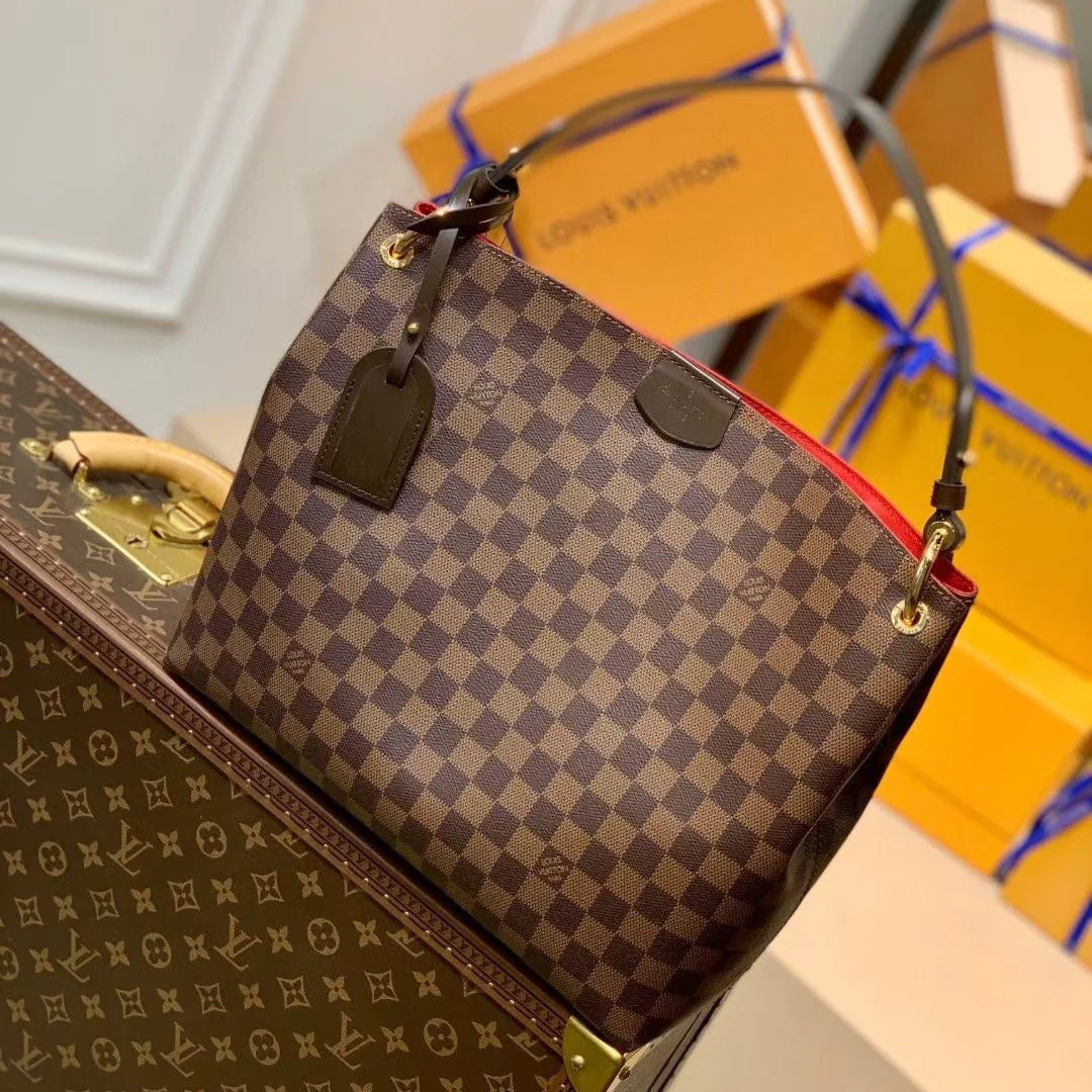 GRACEFUL MM BAG 35 IN BROWN DAMIER COATED CANVAS BROWN CALFSKIN