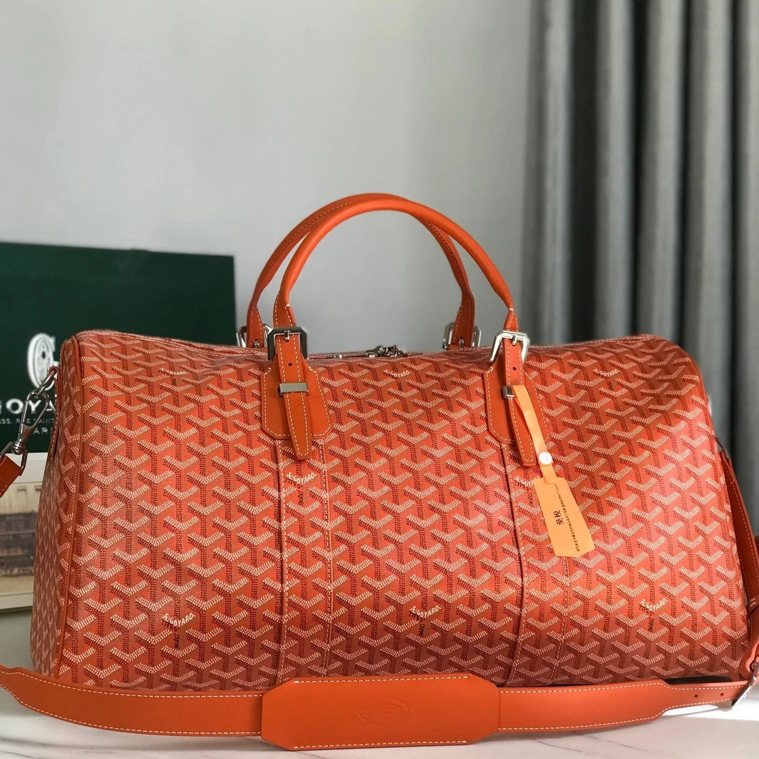 BOSTON 50 BAG IN ORANGE GOYARDINE CANVAS AND CALFSKIN TRIM