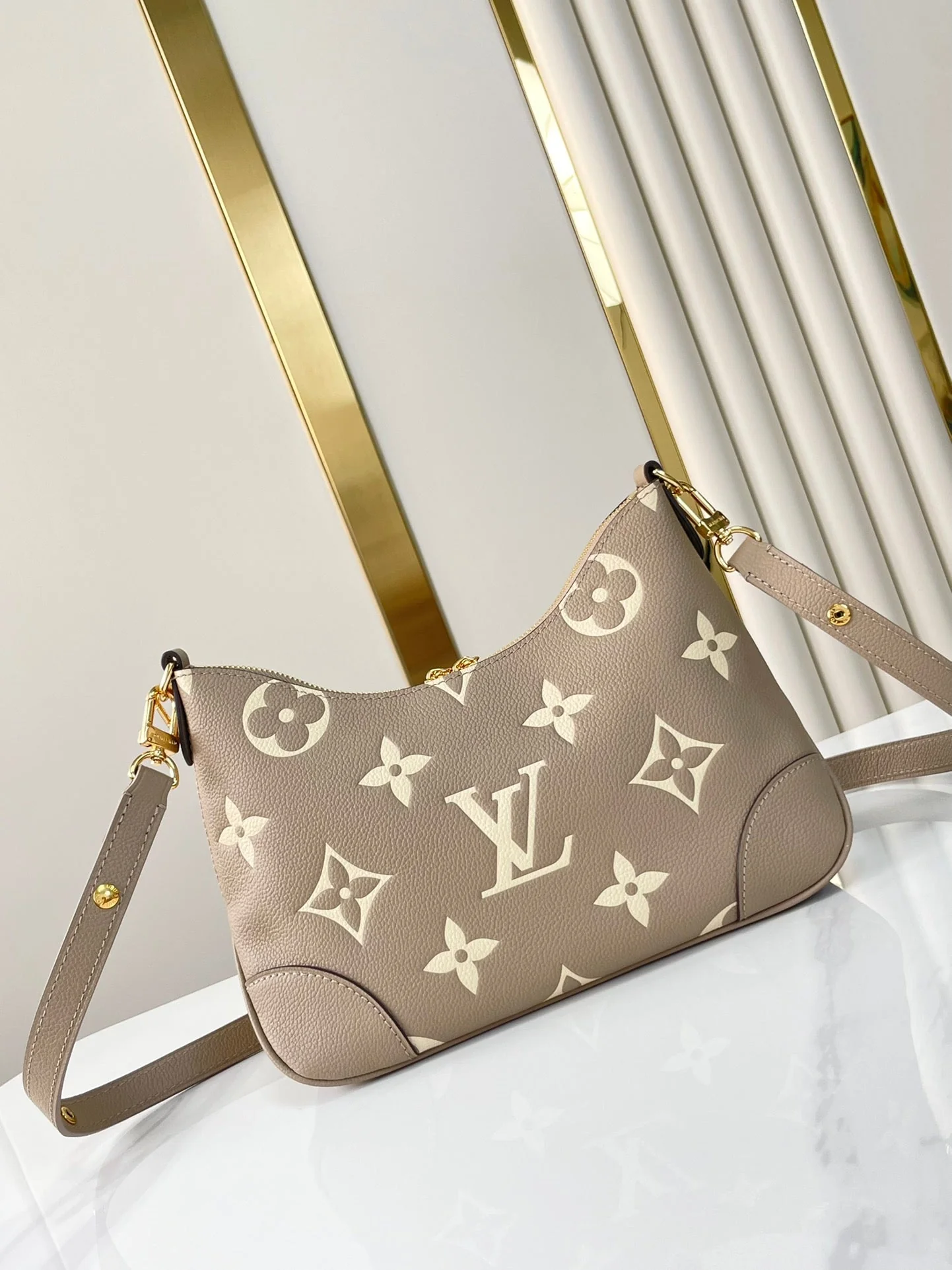 BOULOGNE 29 IN DOVE GRAY AND CREAM MONOGRAM EMPREINTE LEATHER GOLD HARDWARE