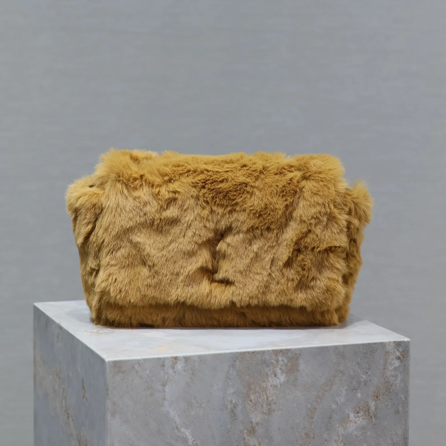 KATE SMALL BAG 22 IN PEANUT BROWN RABBIT FUR GOLD CHAIN