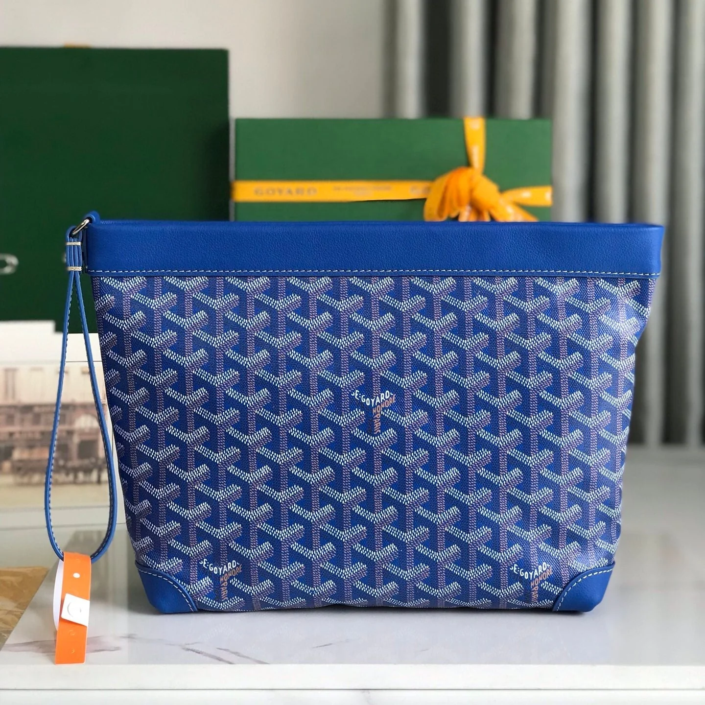 CONTI POUCH 24 IN SAPPHIRE BLUE LAMBSKIN AND GOYARDINE CANVAS