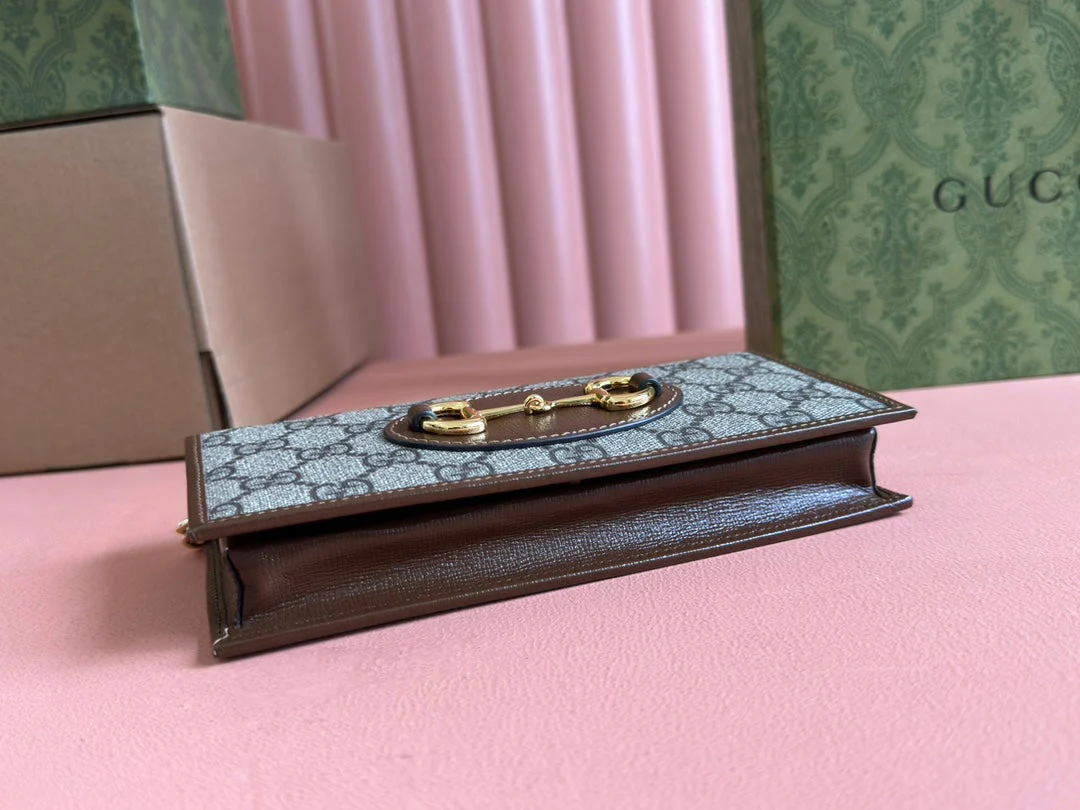HORSEBIT 1955 WALLET IN BEIGE EBONY CANVAS MIX BROWN CALFSKIN GOLD CHAIN