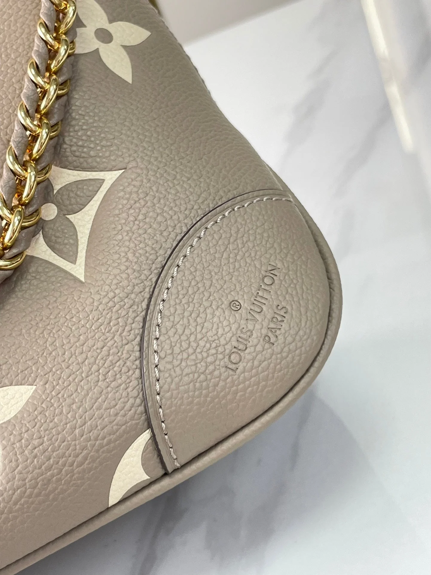 BOULOGNE 29 IN DOVE GRAY AND CREAM MONOGRAM EMPREINTE LEATHER GOLD HARDWARE