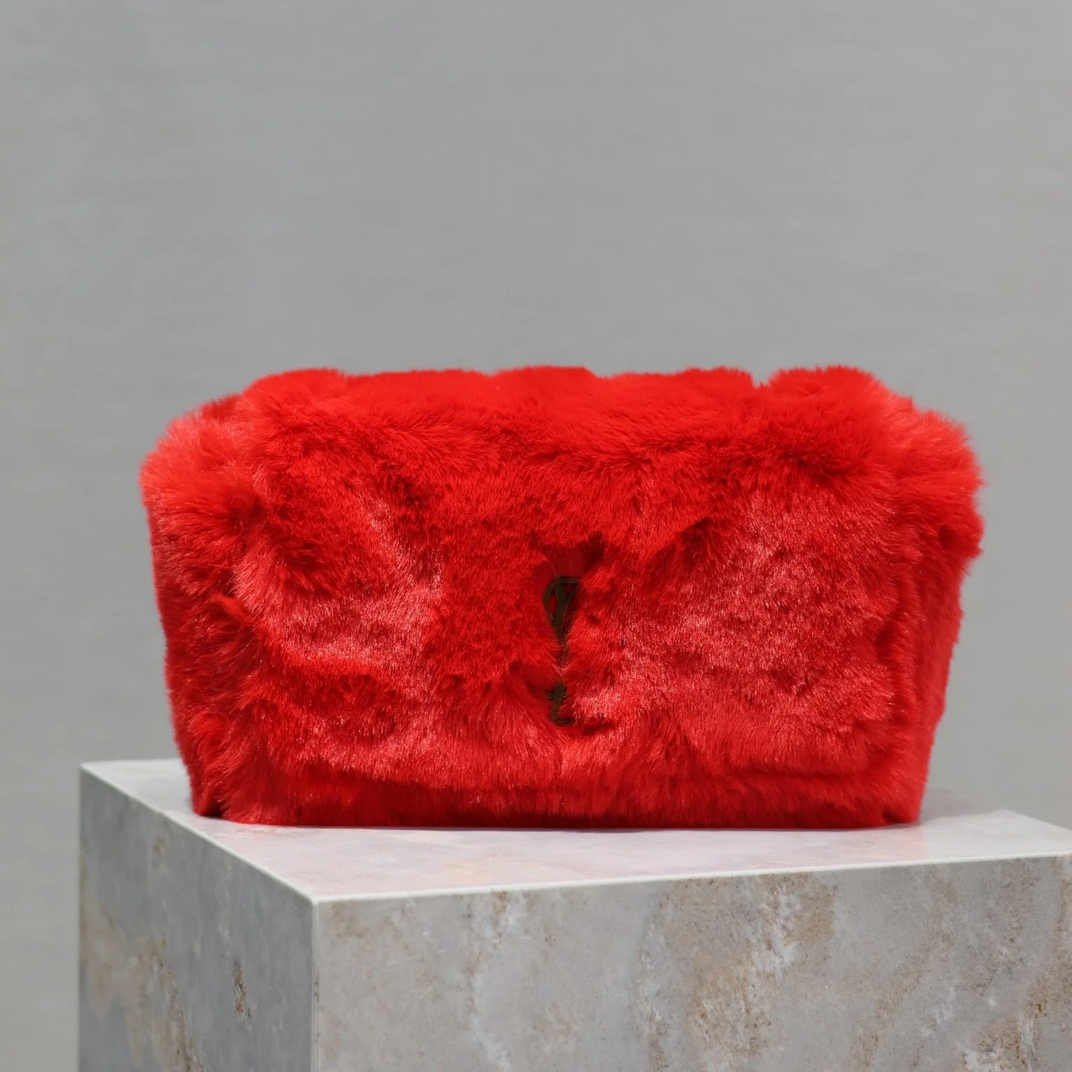 KATE SMALL BAG 22 IN SCARLET RED RABBIT FUR GOLD CHAIN