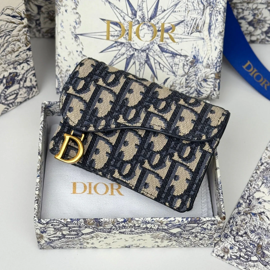 DIOR 25S SADDLE JASMINE GUSSET CARD HOLDER 10 IN BLUE OBLIQUE JACQUARD CANVAS