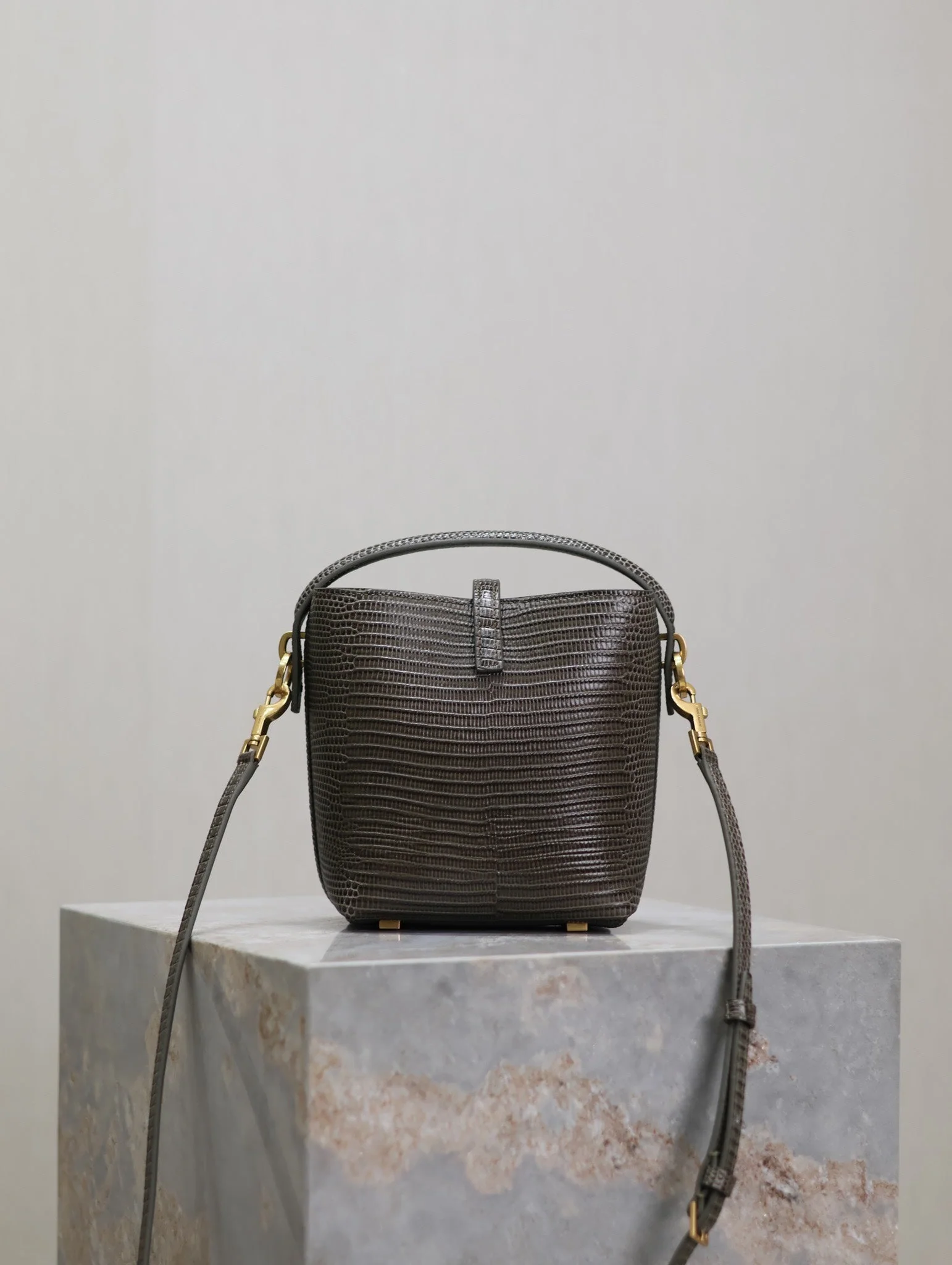 YSL 25S LE 37 MINI 15 IN BROWN LIZARD PATTERN CALFSKIN GOLD HARDWRE