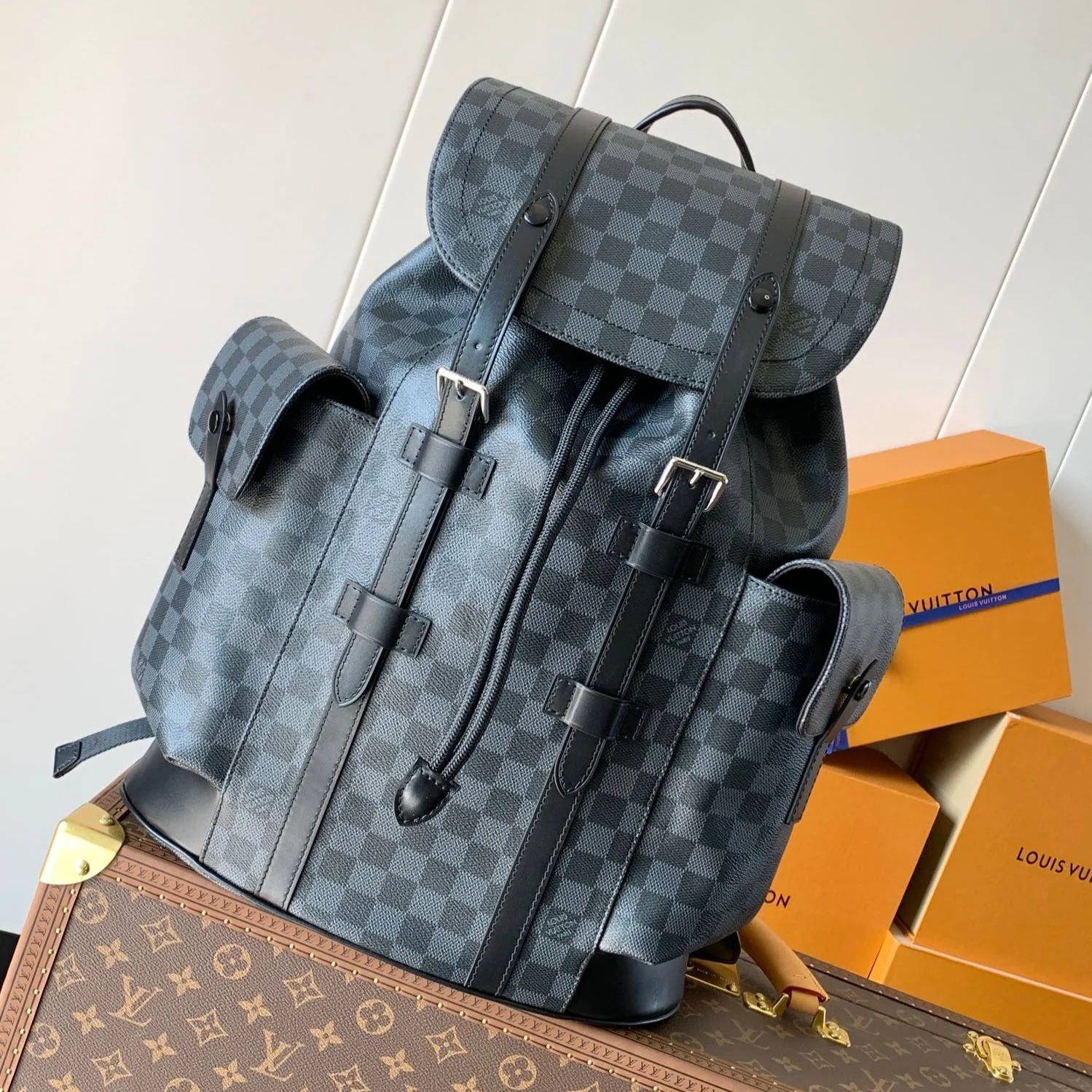 CHRISTOPHER MM BACKPACK 47 IN BLACK DAMIER GRAPHITE CANVAS