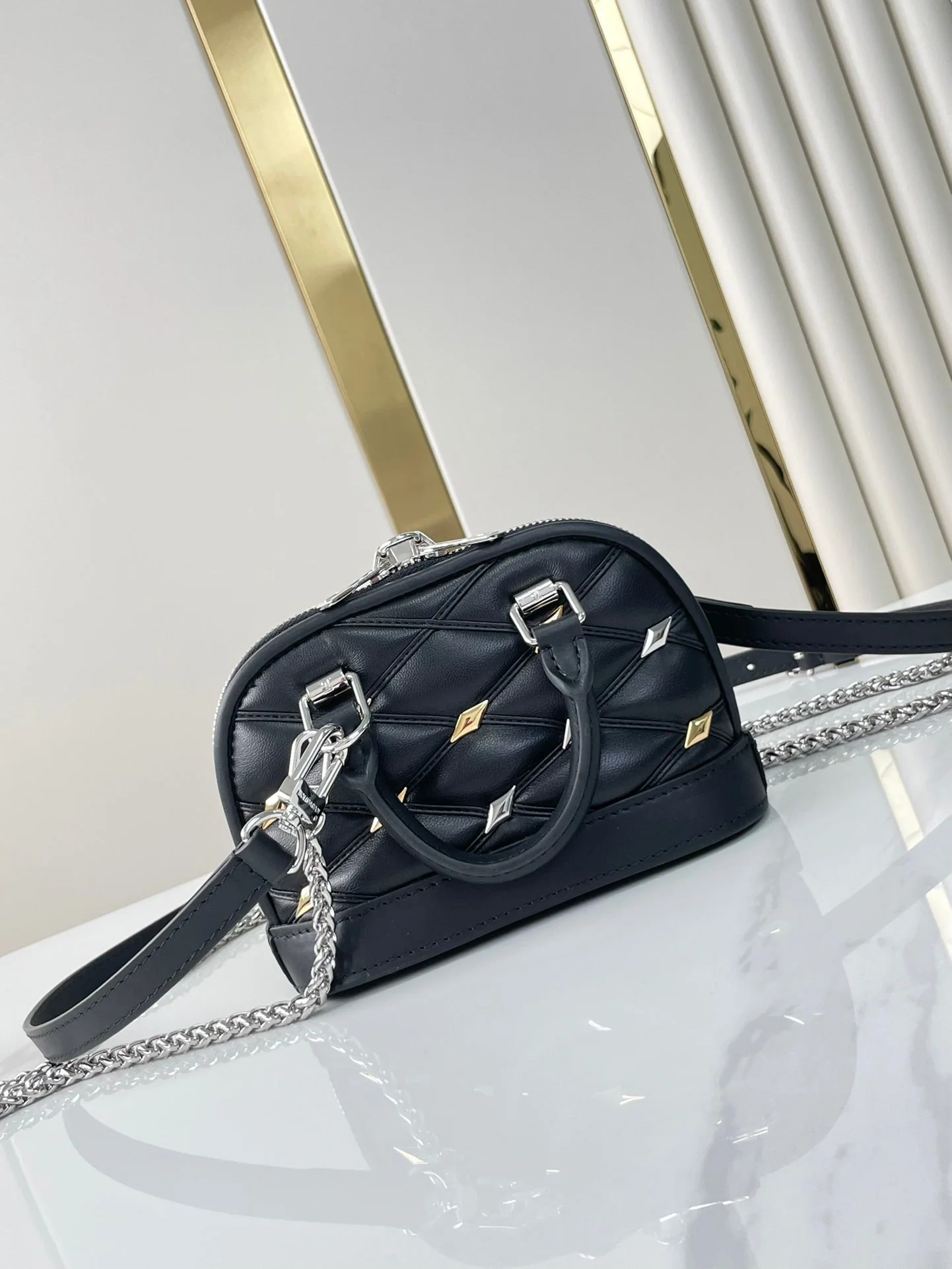 NANO ALMA 18 IN BLACK QUILTED LAMBSKIN GOLD AND SILVER HARDWARE