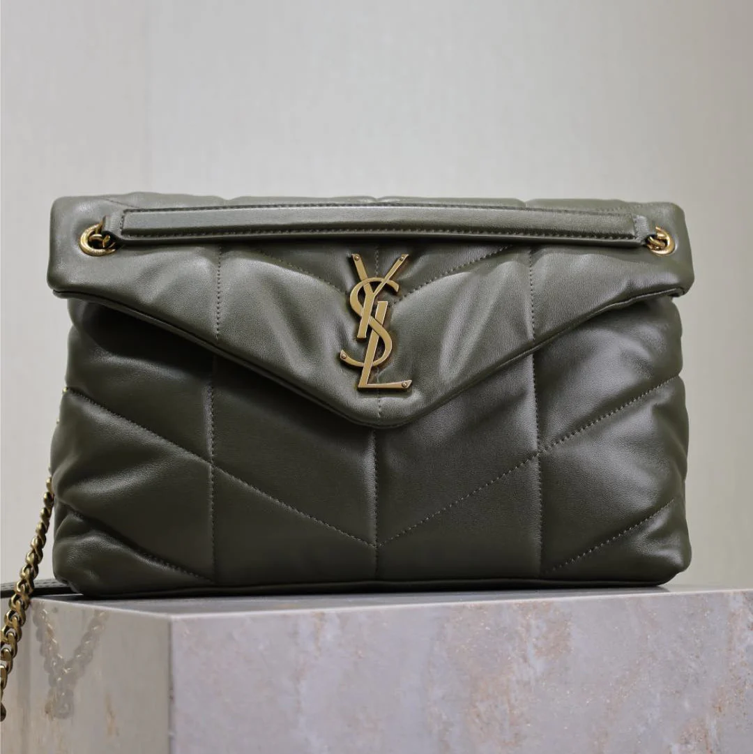 YSL 25S LOULOU PUFFER GM 35 IN DARK OLIVE CALFSKIN GOLD HARDWRE
