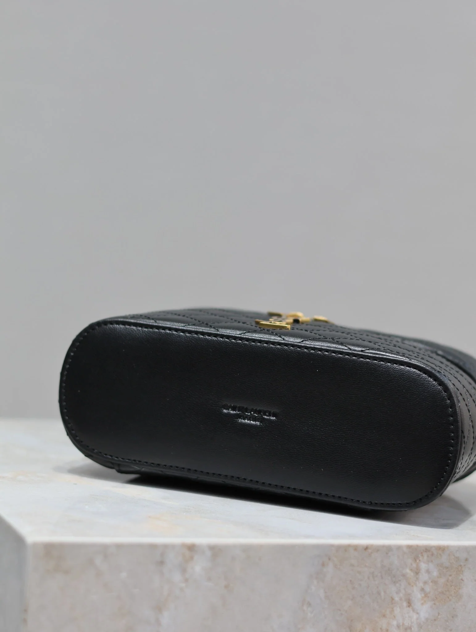 GABY MINI VANITY 18 IN BLACK QUILTED LAMBSKIN GOLD HARDWARE