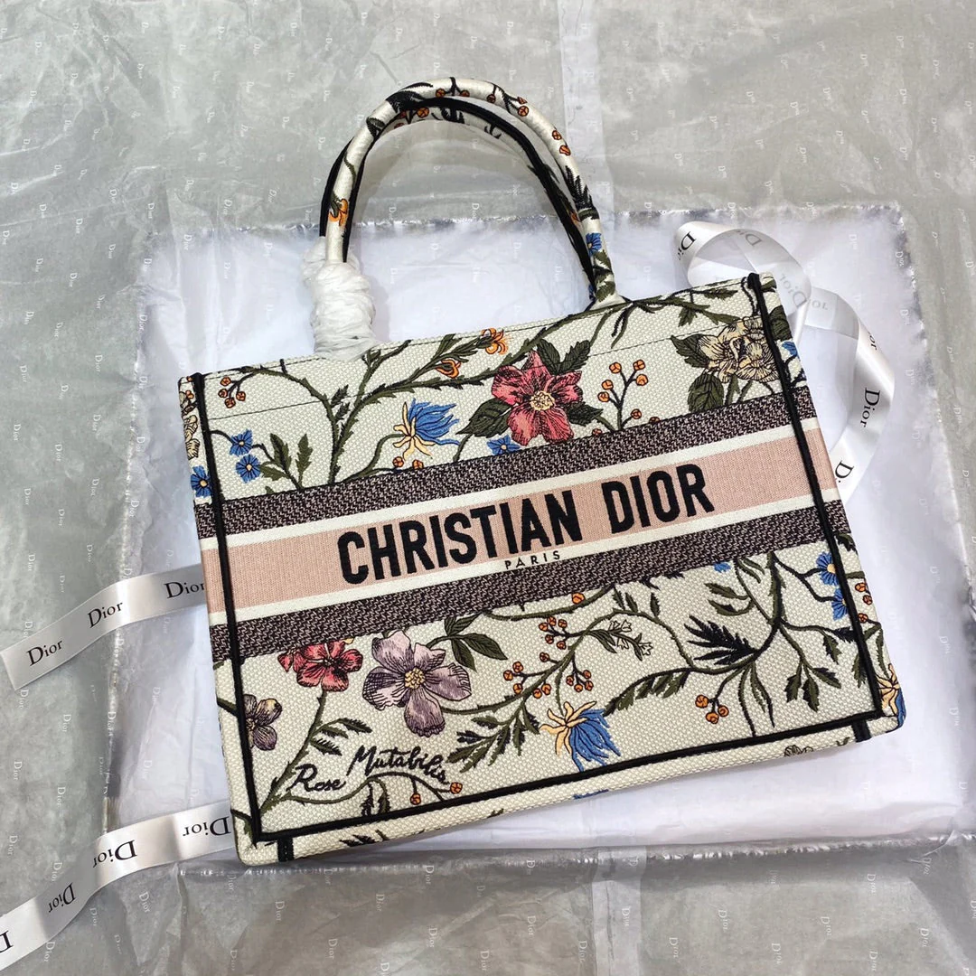 MEDIUM BOOK TOTE BAG 36 IN BEIGE COTTON WITH MULTICOLOR EMBROIDERY