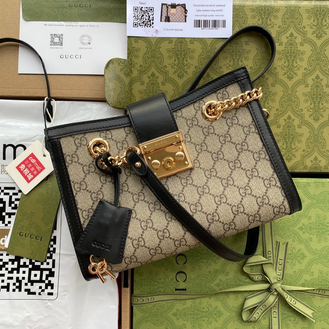 GG PADLOCK MEDIUM 26 SHOULDER BAG BEIGE CANVAS AND BLACK CALFSKIN