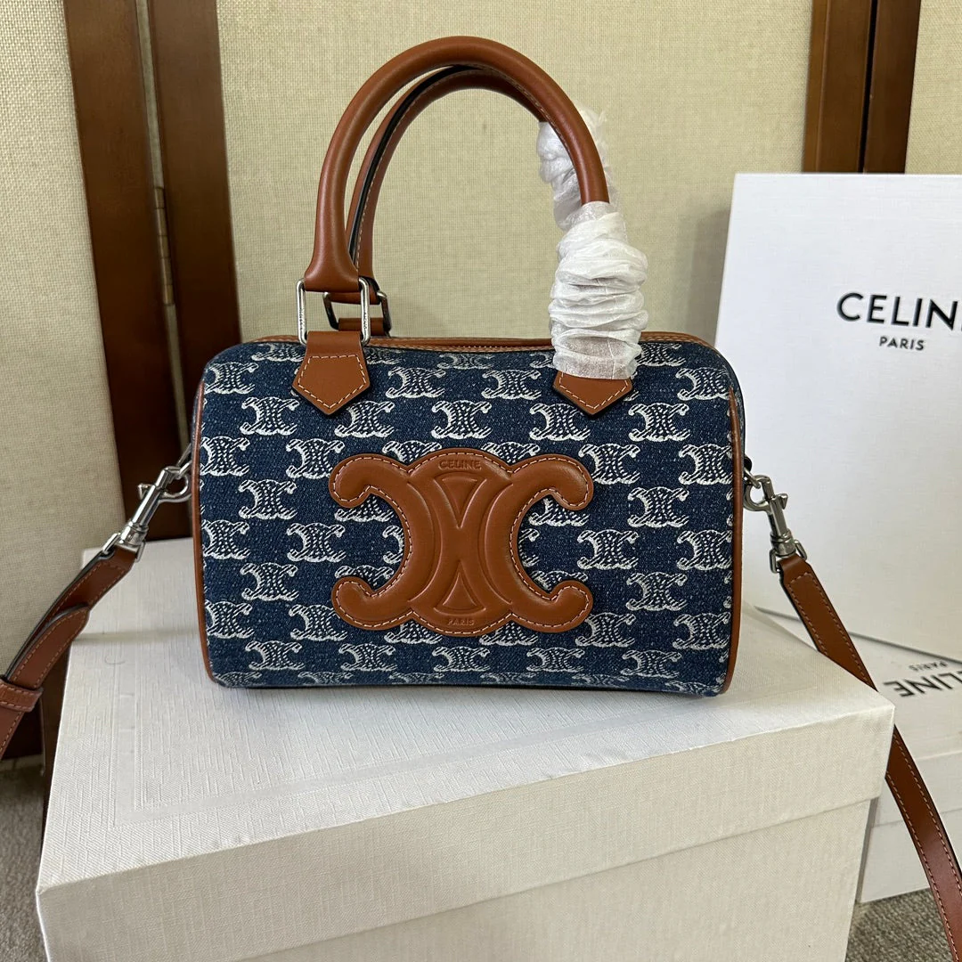 SMALL BOSTON 19 IN SPACE BLUE TRIOMPHE DENIM AND BROWN CALFSKIN TRIM