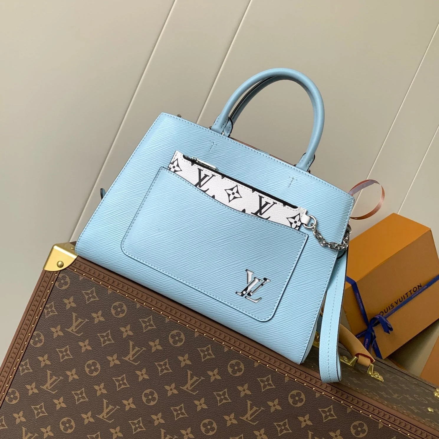 MARELLE TOTE BB BAG 30 IN BLEU NUAGE BLUE EPI GRAIN COWHIDE LEATHER