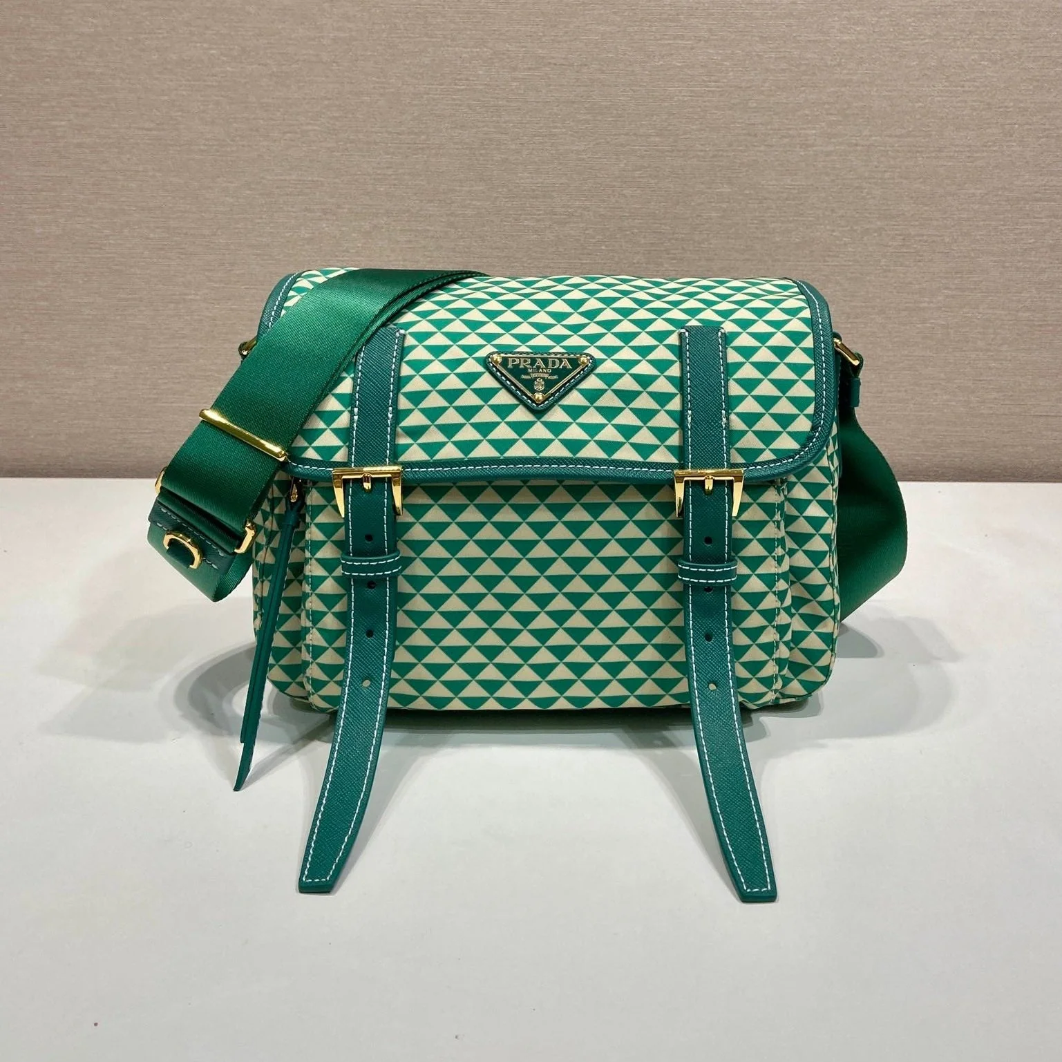 MESSENGER BAG 25 IN FOREST GREEN MIX CREAM TRIANGLE PATTERN EMBROIDERED FABRIC