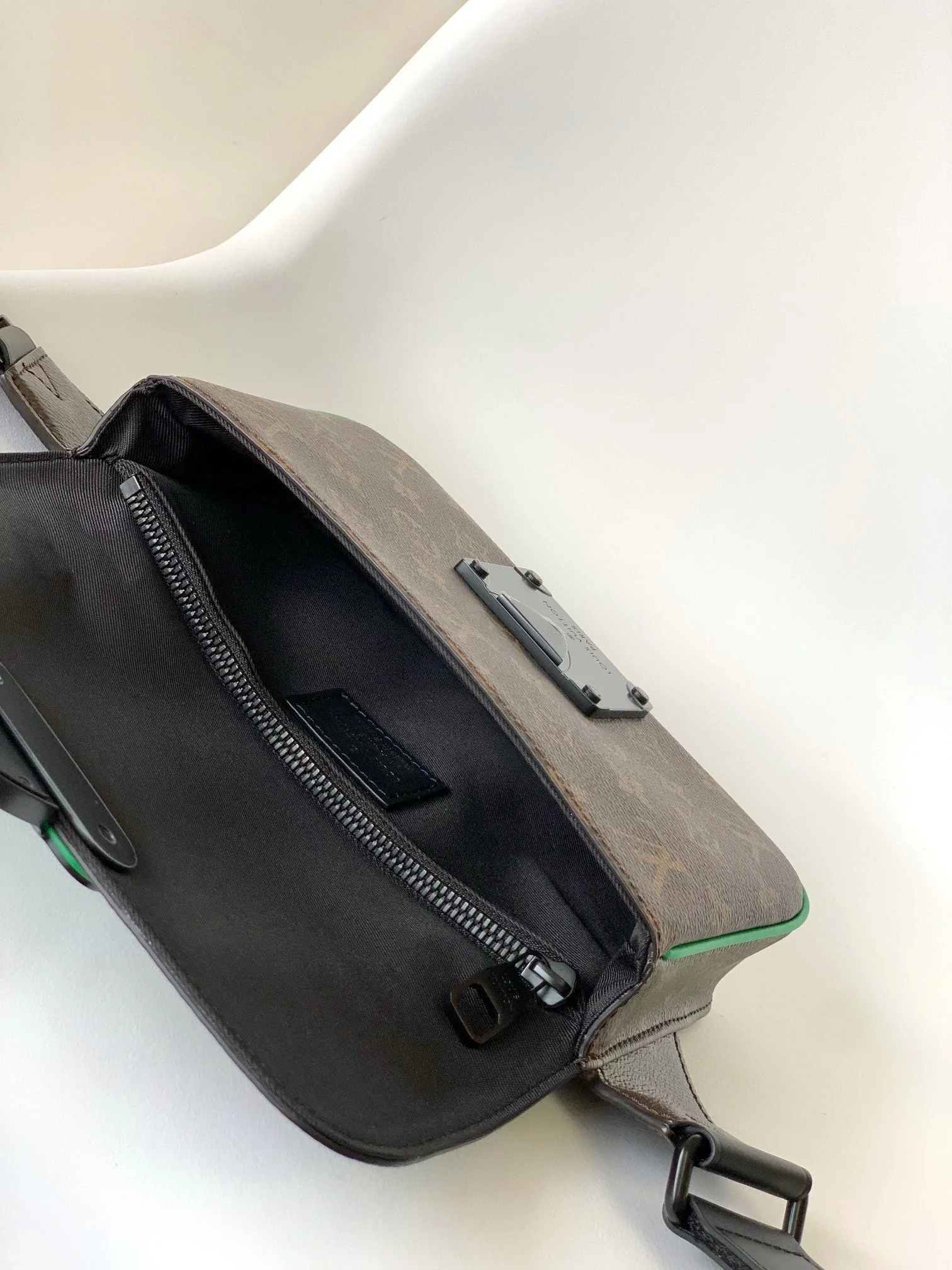 LV 25S S LOCK MESSENGER BAG 21 IN NEON JADE AND BROWN MONOGRAM MACASSAR CALFSKIN