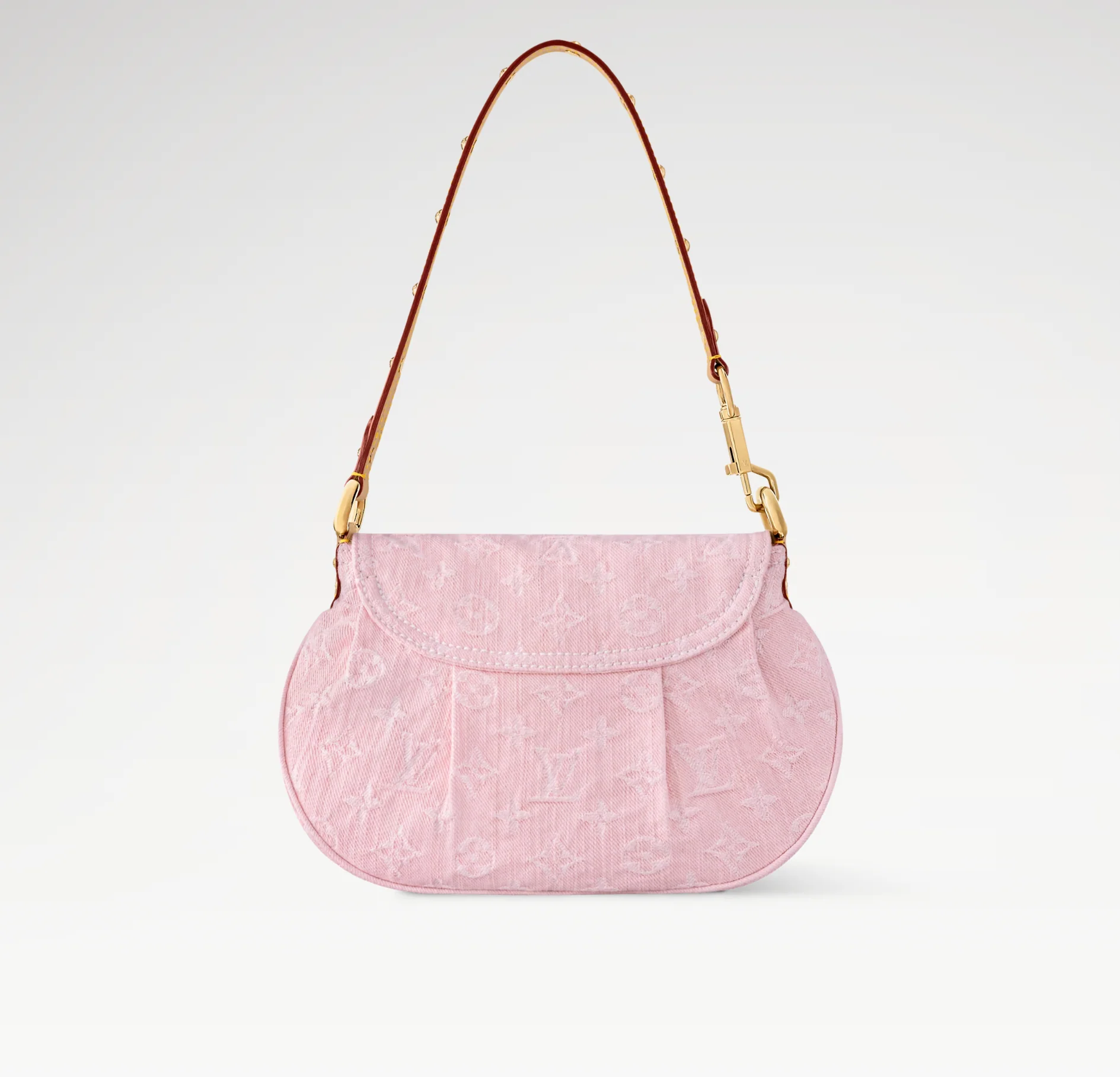 SUNSET 27 IN WASHED PINK MONOGRAM DENIM GOLD BUCKLE