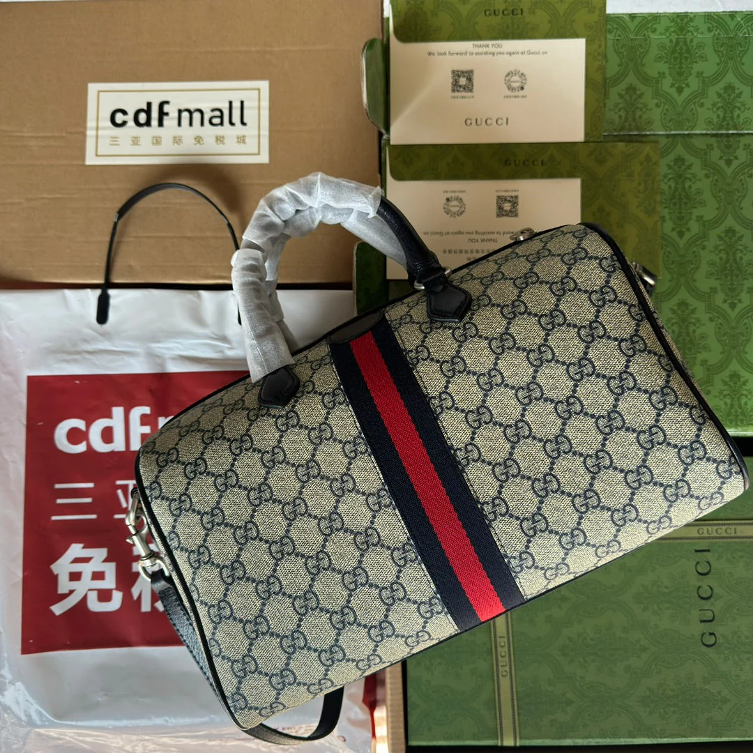 OPHIDIA LARGE BOSTON BAG 31 IN BEIGE AND BLUE GG CALFSKIN
