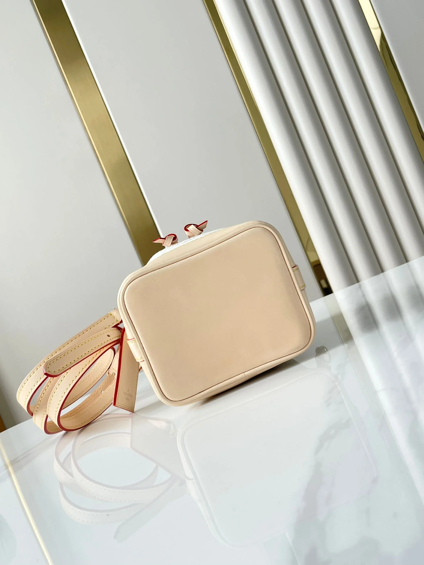 NANO NOÉ 16 IN WHITE MONOGRAM JACQUARD FABRIC AND BEIGE CALFSKIN TRIM