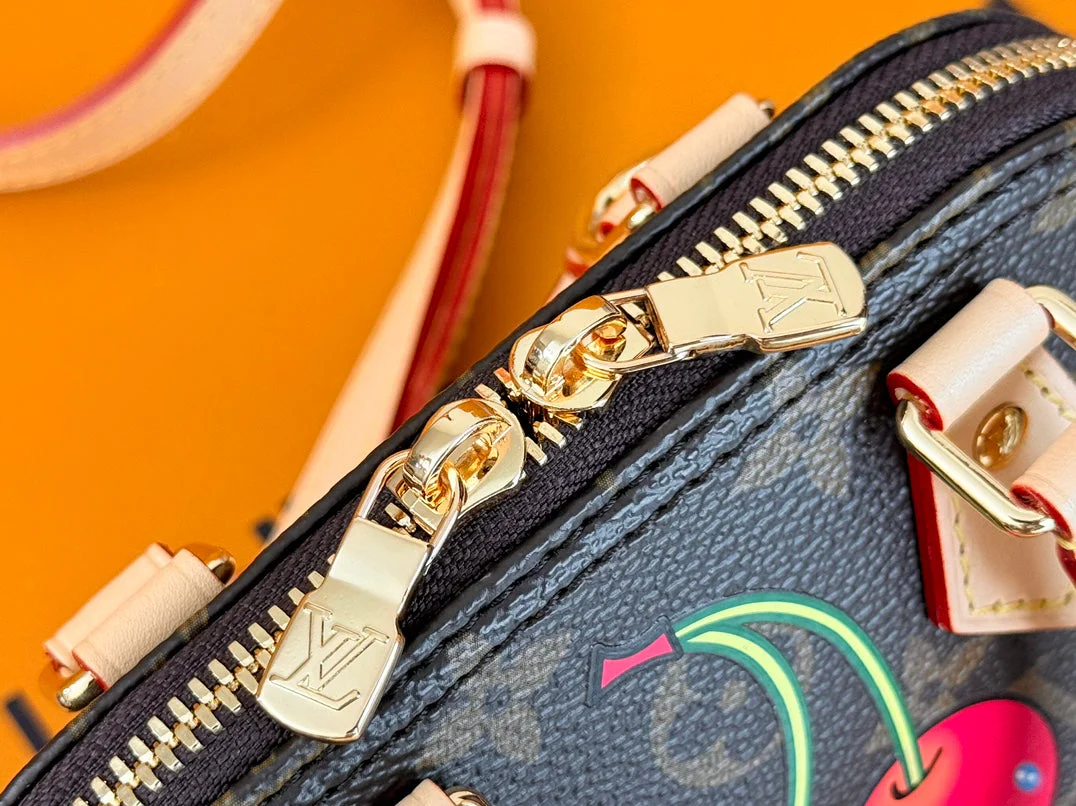 LV 25S NANO ALMA 18 IN DARK BROWN CANVAS MONOGRAM CHERRY PRINT GOLD HARDWARE