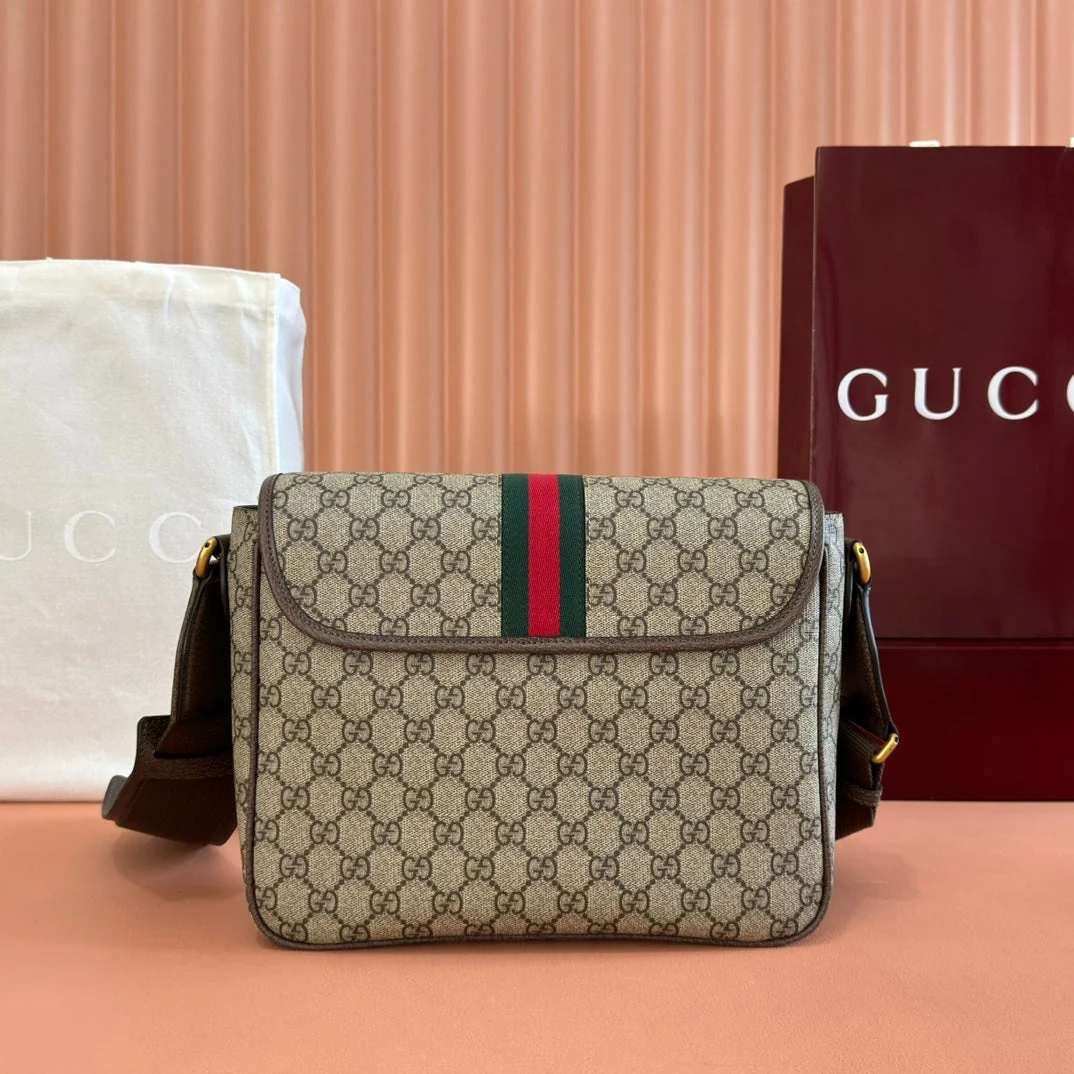GUCCI 25S OPHIDIA MEDIUM CROSSBODY BAG 28 IN BEIGE CANVAS AND BROWN CALFSKIN