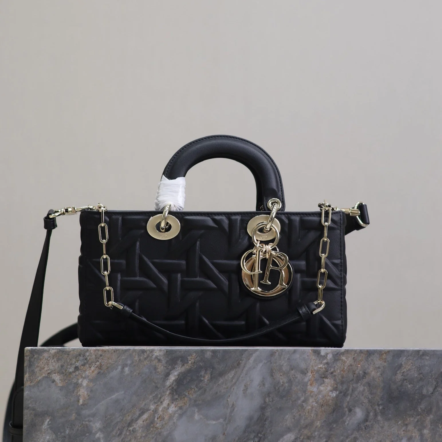 LADY D-JOY BAG 26 IN BLACK GRAPHIC CANNAGE CALFSKIN PALE GOLD-FINISH METAL CHARMS