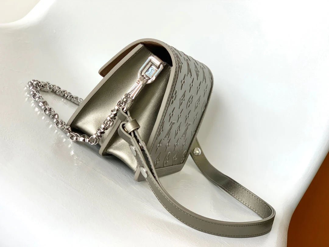 LV 25S MINI DAUPHINE BAG 20 IN BEIGE GRAY MOONOGRAM CALFSKIN SHIMMERING METALLIC GOLD
